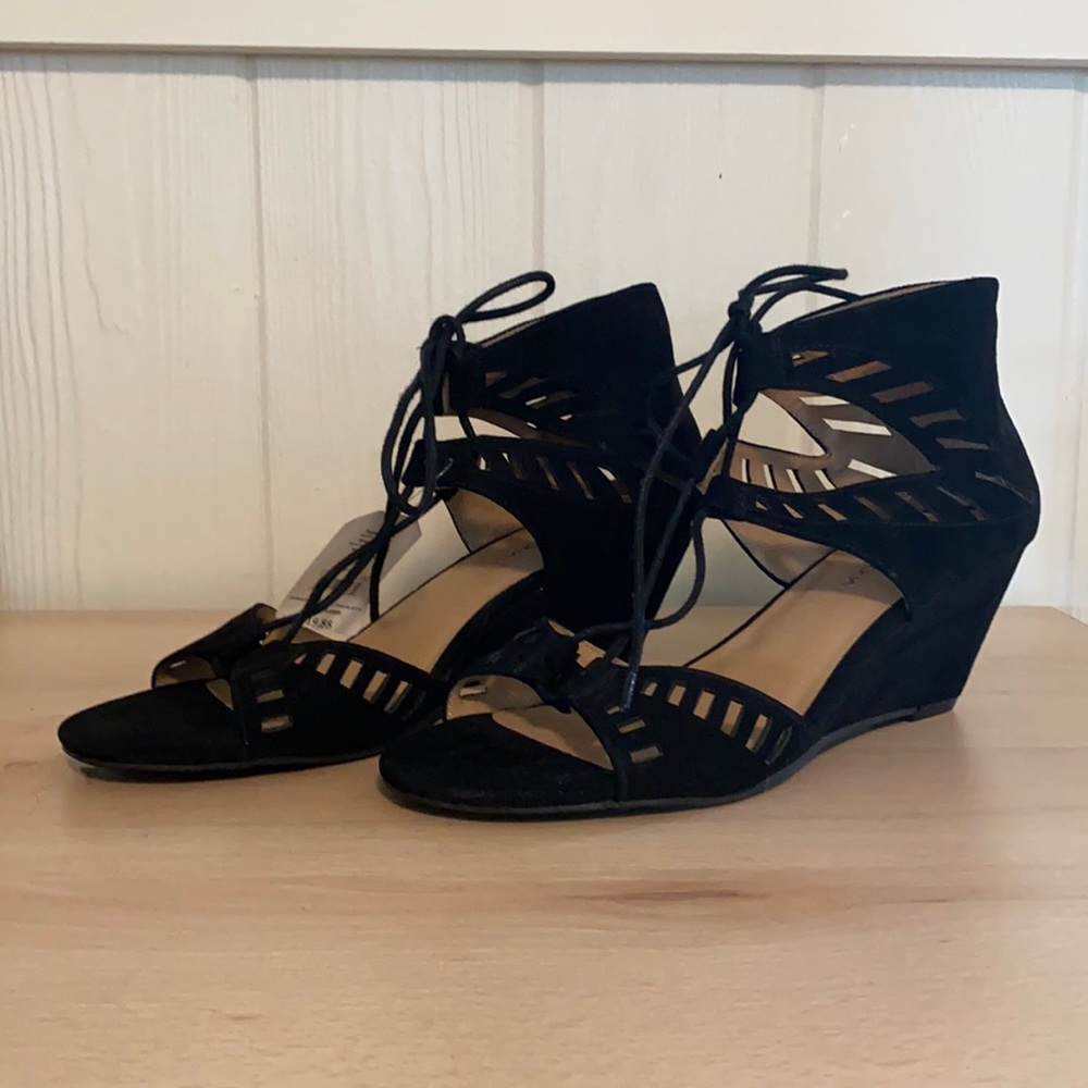 Black faux suede sandals